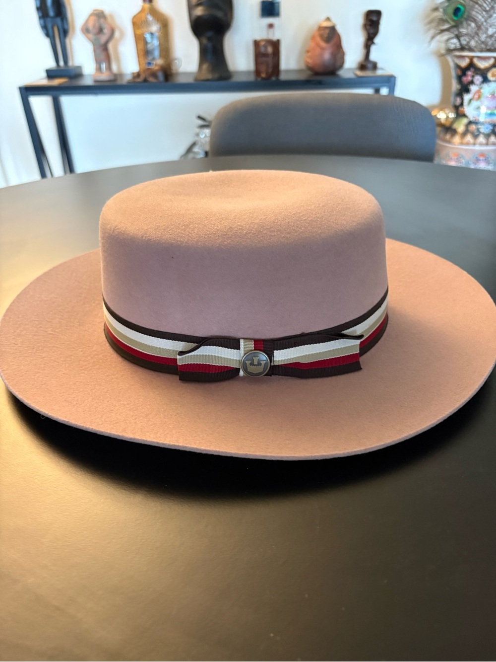 Goorin Bros Pink Wool Felt Wide-Brim Fedora with Striped Ribbon